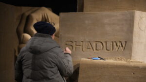 Kunstenaar Zandsculptuur aan het werk